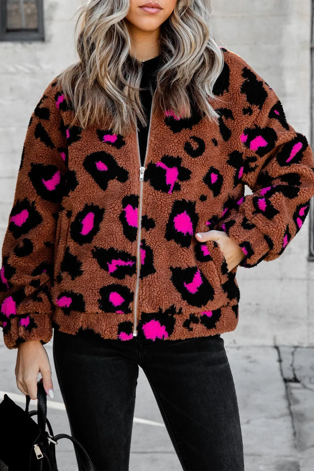 Zip Up Stand Collar Sherpa Leopard Teddy Jacket