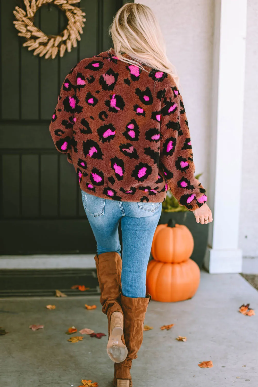 Zip Up Stand Collar Sherpa Leopard Teddy Jacket