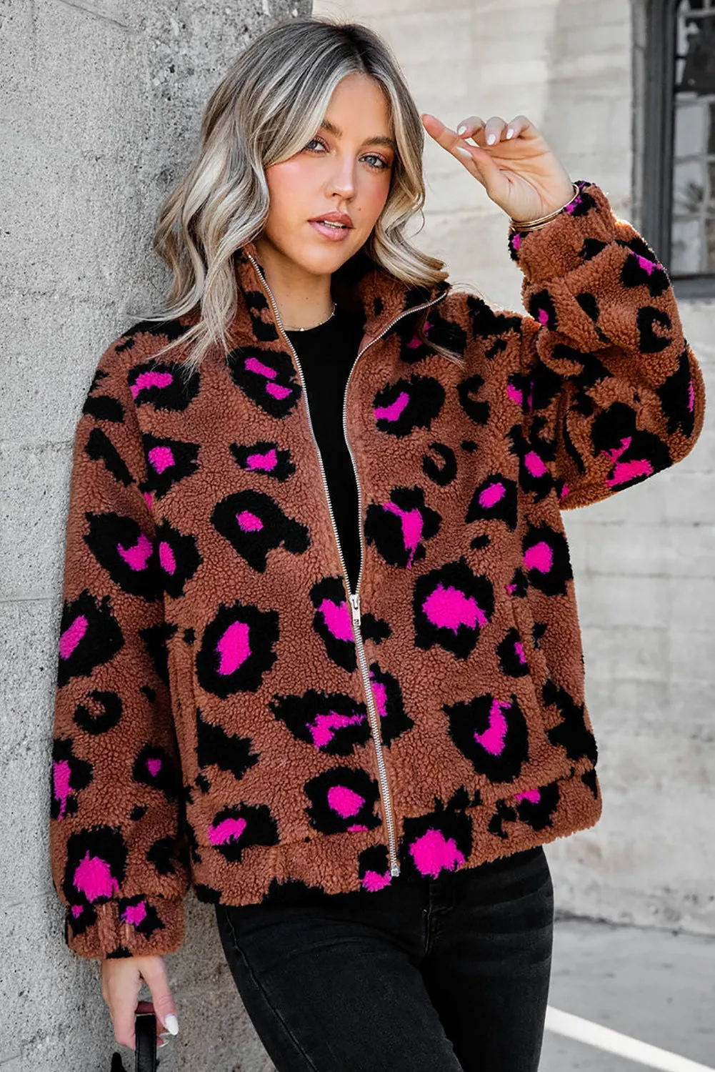 Zip Up Stand Collar Sherpa Leopard Teddy Jacket